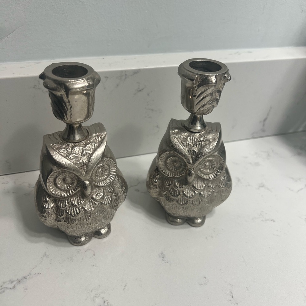 Silver Owl Candle Holders